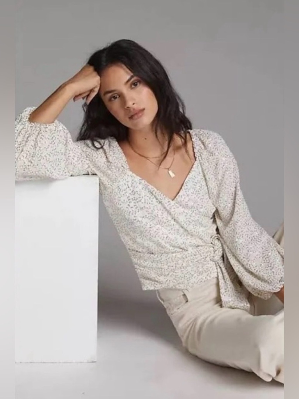 Anthropologie Surplice Wrap Tie Front Sequin Blouse White Gold